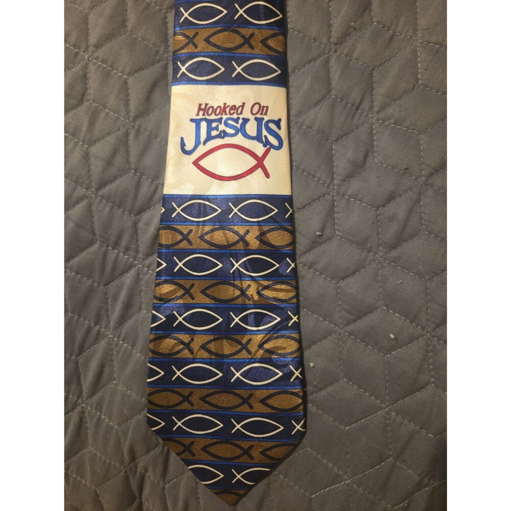 Hooked On Jesus Necktie Steven Harris Christian Fish Ichthys Religious Tie